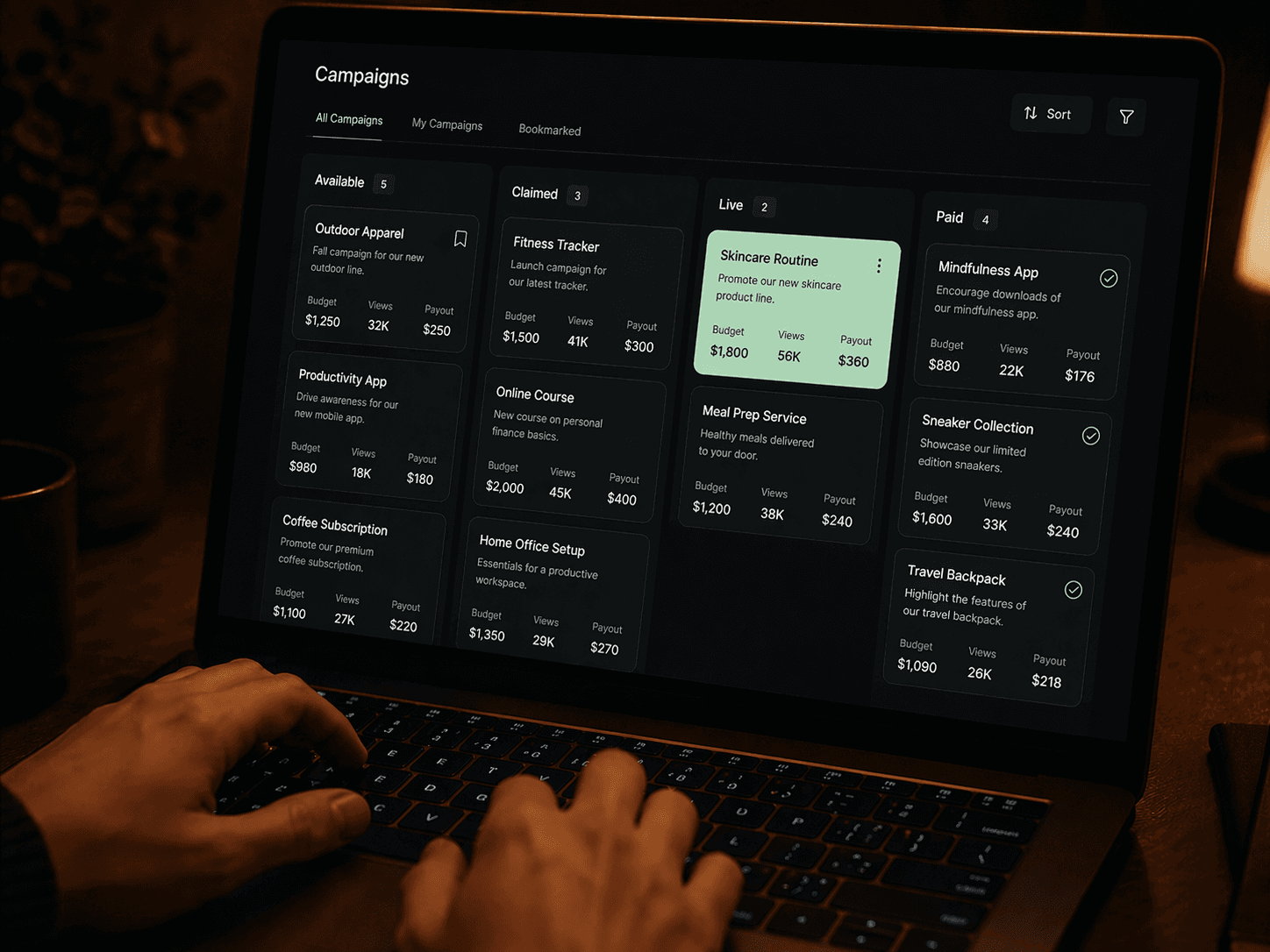 Campaign task board dashboard on a laptop screen.