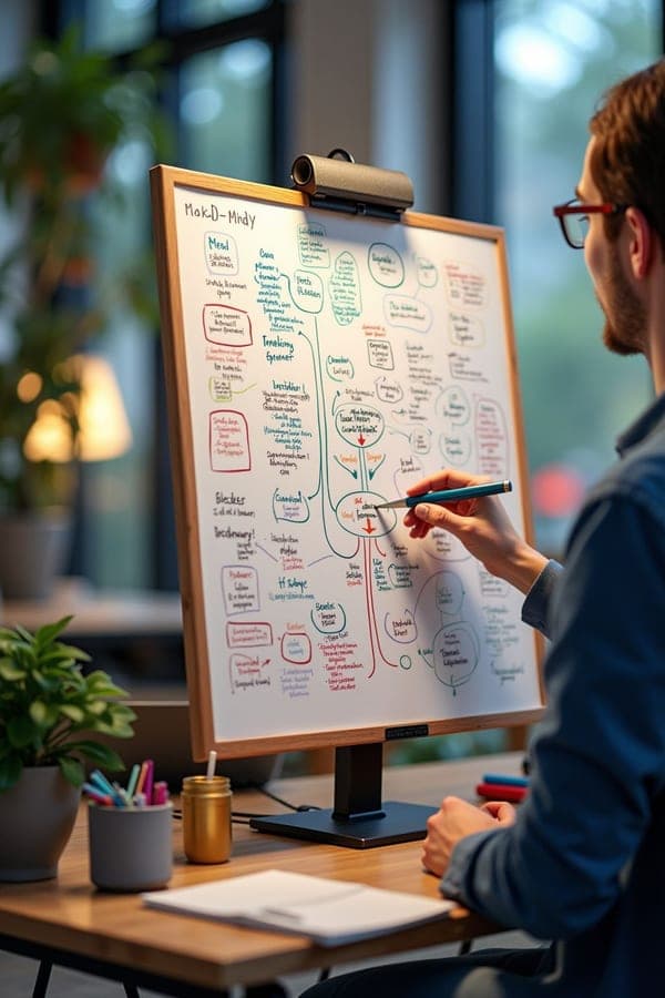 Person writing content strategy mind map on whiteboard.