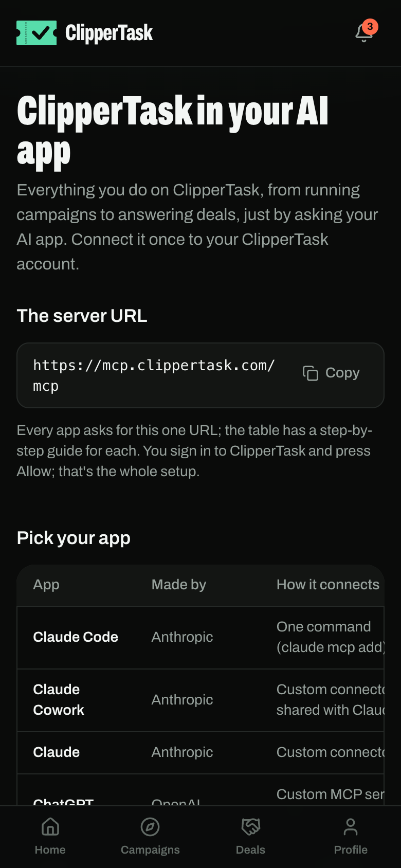 ClipperTask in your AI app: the server URL and the list of apps
